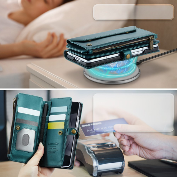 Чехол CASEME для Samsung Galaxy Z Fold6 5G, RFID Leather Wallet, с плечевым ремнем, зелёный