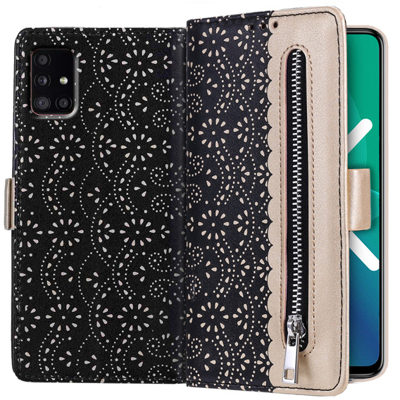 чехол-крышка для Samsung Galaxy A51 5G, Wallet Pocket Zipper Lace, чёрный