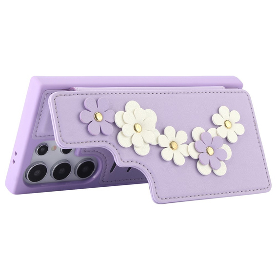 Чехол для Samsung Galaxy S24 Ultra, Leather Flower Card Slot, фиолетовый