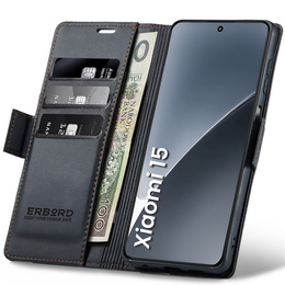 Чохол для Xiaomi 15, ERBORD Glossy Litchi, гаманець з клапаном, чорний