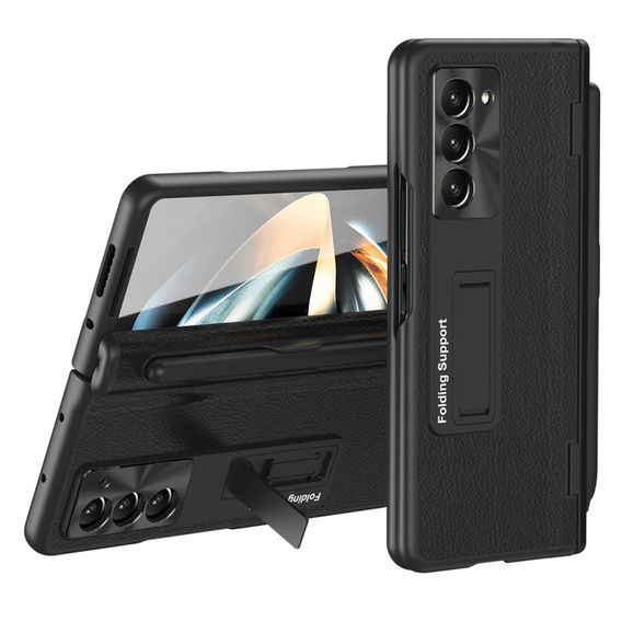 Чехол для Samsung Galaxy Z Fold 5 5G, с подставкой, стеклом и стилусом, кожаный, черный