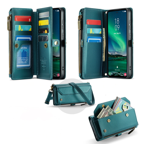 Чехол CASEME для Samsung Galaxy S25 FE, RFID Leather Wallet, с плечевым ремнем, зелёный