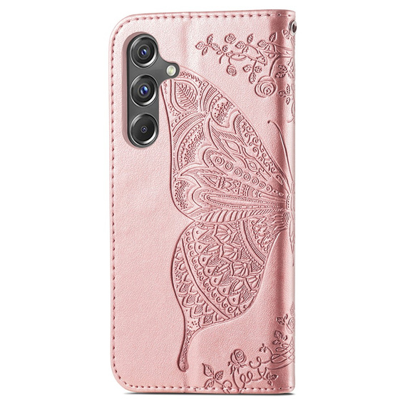 Откидной чехол для Samsung Galaxy A15, Butterfly Flower, розовый rose gold + 9H стекло  