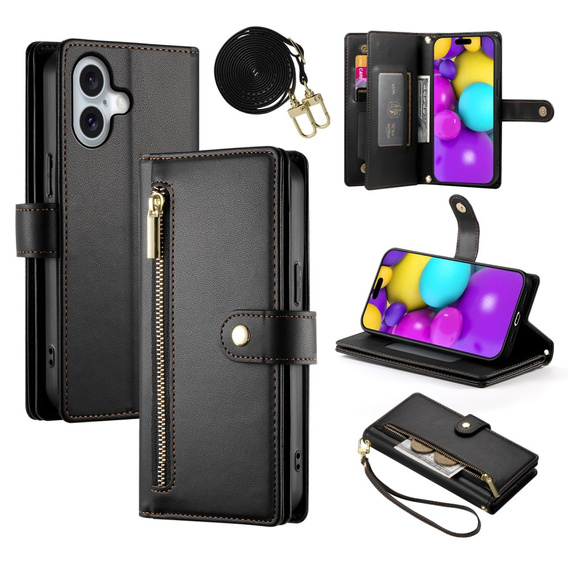 Откидной чехол для iPhone 16, Wallet Zipper Pocket, чёрный