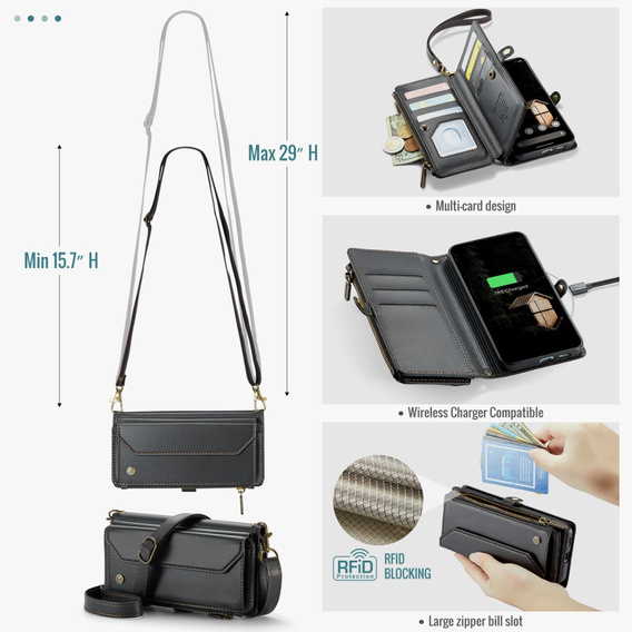 Чехол CASEME для Samsung Galaxy A56 5G, RFID Leather Wallet, с плечевым ремнем, зелёный