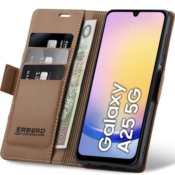 Чохол для Samsung Galaxy A25 5G, ERBORD Glossy Litchi, гаманець з клапаном, коричневий