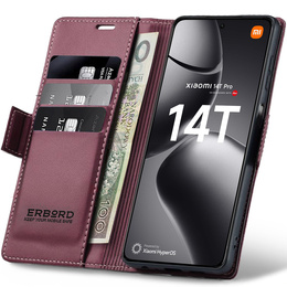 Чехол для Xiaomi 14T Pro, ERBORD Glossy Litchi, кошелек с клапаном, красный