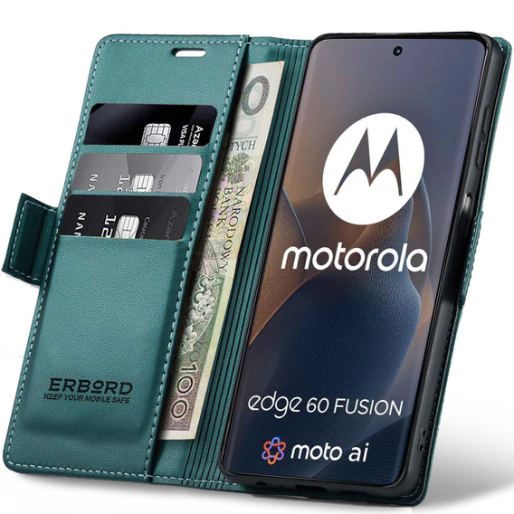Чохол для Motorola Edge 60 / 60 Fusion, ERBORD Glossy Litchi, гаманець з клапаном, зелений
