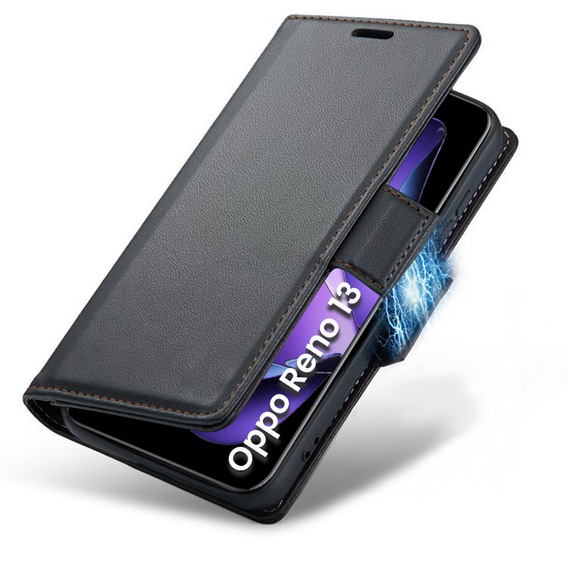 Чохол для Oppo Reno 13, ERBORD Glossy Litchi, гаманець з клапаном, чорний
