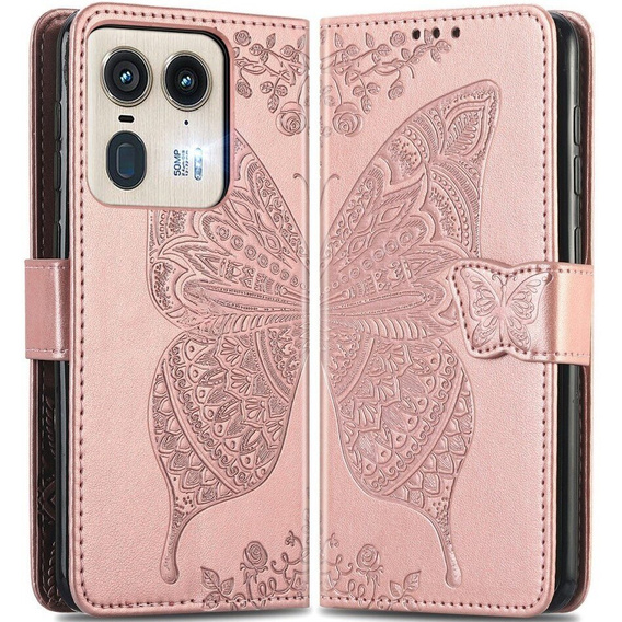 Откидной чехол для Motorola Edge 50 Ultra, Butterfly, розовый rose gold
