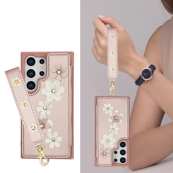 Чохол для Samsung Galaxy S25 Ultra, Leather Flower Card Slot, рожевий