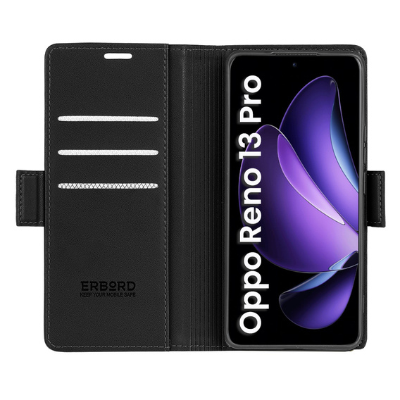 Чехол для Oppo Reno 13 Pro, ERBORD Glossy Litchi, кошелек с клапаном, чёрный