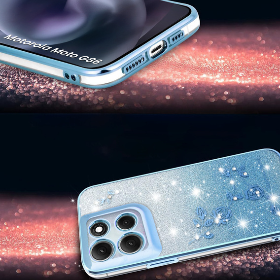 Чехол для Motorola Moto G86 5G, Glitter Flower, синий