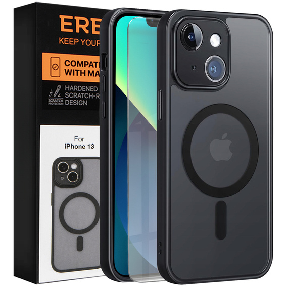 Чехол для iPhone 13, для MagSafe, ERBORD Matt Case, чёрный + стекло для экрана