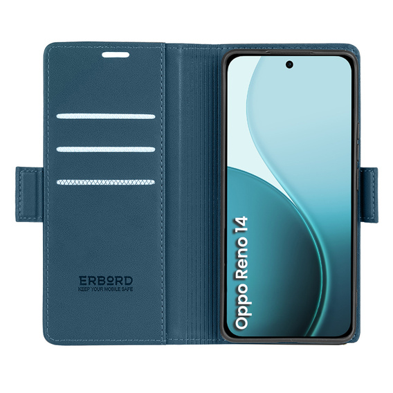 Чехол для Oppo Reno 14, ERBORD Glossy Litchi, кошелек с клапаном, синий