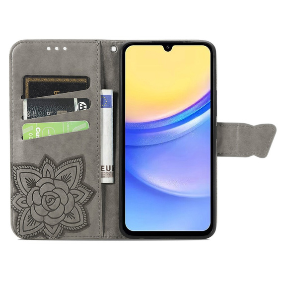 Чохол-книжка для Samsung Galaxy A15, Butterfly, сірий + скло 9H 