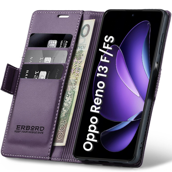 Чохол для Oppo Reno 13F / Oppo Reno 13FS, ERBORD Glossy Litchi, гаманець з клапаном, фіолетовий