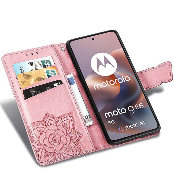 Откидной чехол для Motorola Moto G56 5G, Butterfly, розовый rose gold