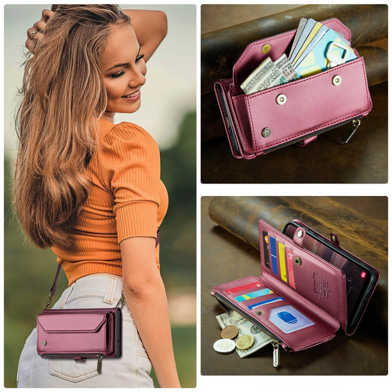 Чехол CASEME для Samsung Galaxy A56 5G, RFID Leather Wallet, с плечевым ремнем, красный