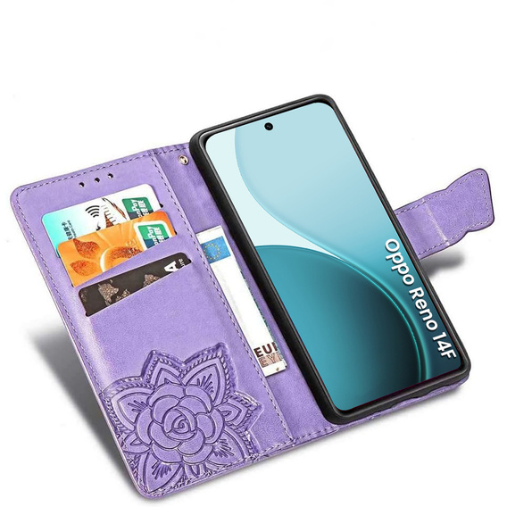 Чохол-розкладачка для Oppo Reno 14F, гаманець, метелик, фіолетовий