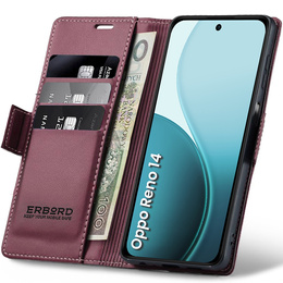 Чохол для Oppo Reno 14, ERBORD Glossy Litchi, гаманець з клапаном, червоний
