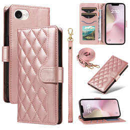 чехол-крышка для iPhone 16E, Rhombus Crossbody Leather, розовый rose gold