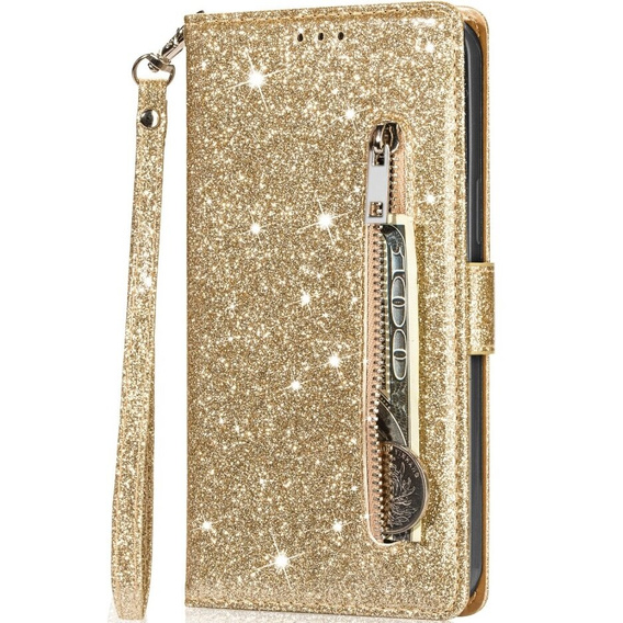 Откидной чехол для Samsung Galaxy A55, Wallet Zipper Pocket Glittery, золотой