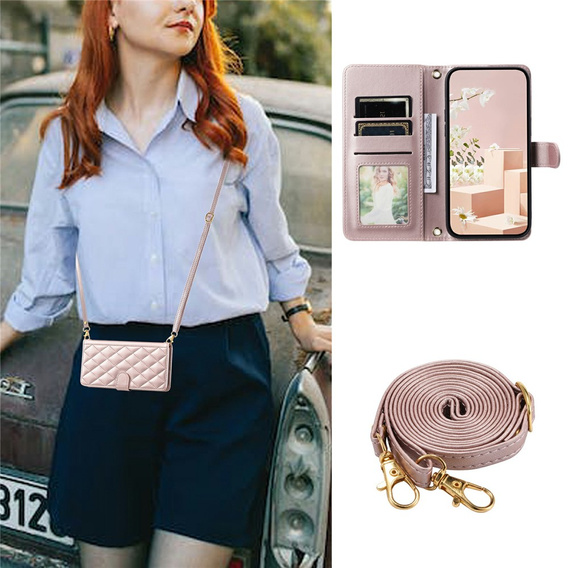 Чохол-сумка для Samsung Galaxy S25 FE, Rhombus Crossbody Leather, рожевий rose gold