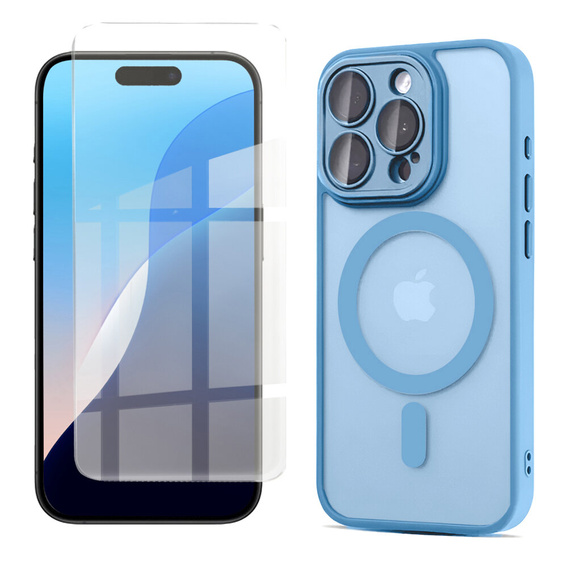 Чохол для iPhone 16 Pro, для MagSafe, ERBORD Matt Case, синій + захисне скло