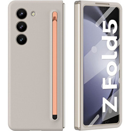 Чохол для Samsung Galaxy Z Fold 5 5G, зі склом та стилусом, сірий / рожевий