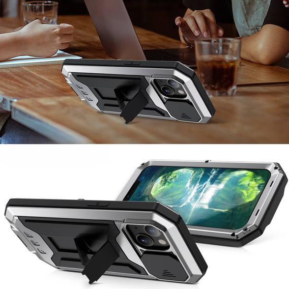 Чохол для iPhone 13, R-JUST CamShield Slide, броньований, сріблястий / чорний