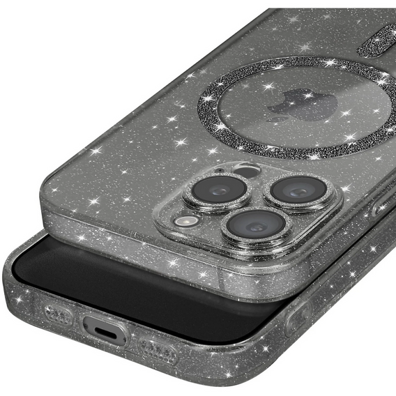 Чехол для iPhone 16 Pro, ERBORD Glitter MagSafe, чёрный + стекло для экрана