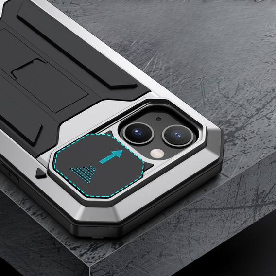 Чехол для iPhone 13, R-JUST CamShield Slide, бронированный, серебряный / черный