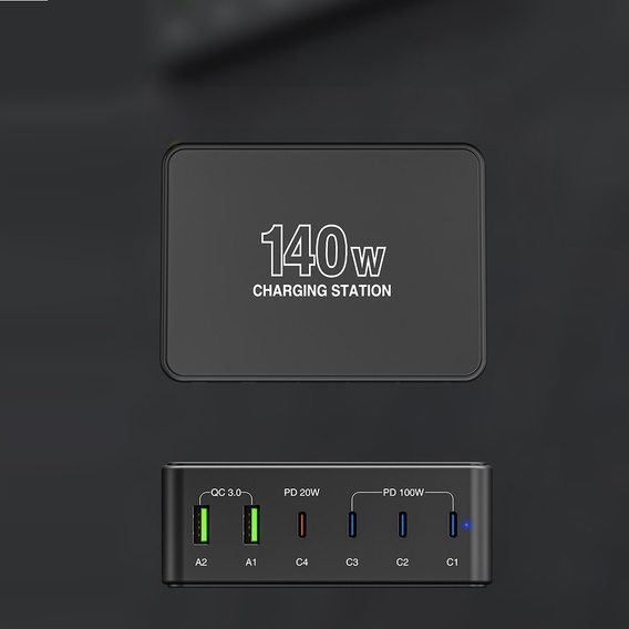 Зарядна станція ERBORD 140 Вт 4x USB-C + 2x USB-A, чорна
