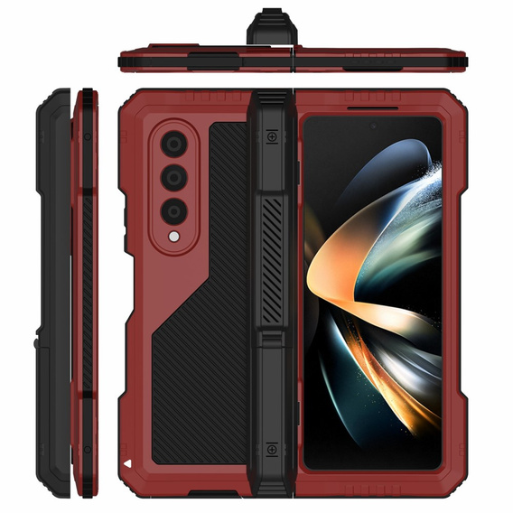Бронированный чехол для Samsung Galaxy Z Fold 4 5G, алюминий, с подставкой и держателем стилуса, красный