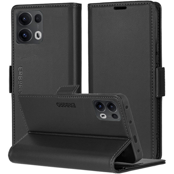 Чохол для Oppo Reno 13 Pro, ERBORD Glossy Litchi, гаманець з клапаном, чорний