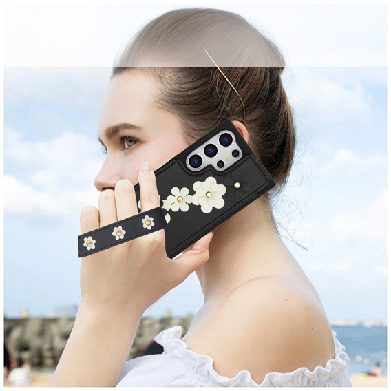 Чохол для Samsung Galaxy S25 Ultra, Leather Flower Card Slot, чорний