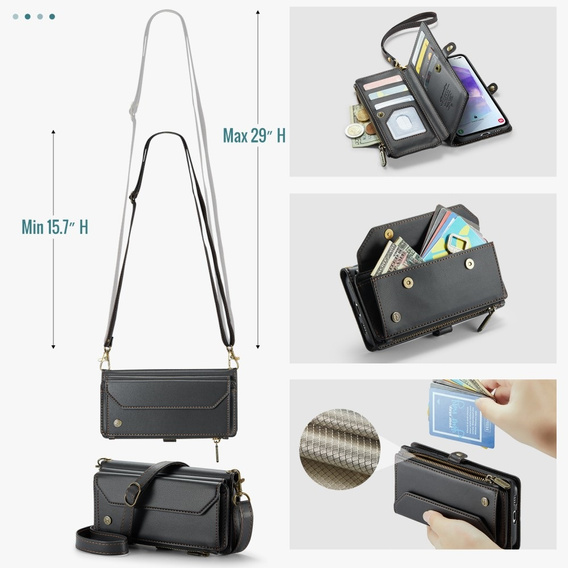 Чехол CASEME для Samsung Galaxy A55 5G, RFID Leather Wallet, с плечевым ремнем, чёрный