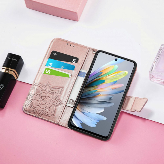 Откидной чехол для Motorola Moto G15 / Motorola Moto G15 Power, Butterfly, розовый rose gold