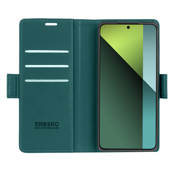 Чохол для Xiaomi Redmi Note 13 Pro 5G, ERBORD Glossy Litchi, гаманець з клапаном, зелений