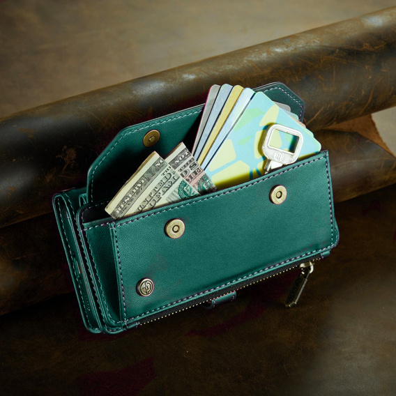 Чехол CASEME для Samsung Galaxy S24 FE, RFID Leather Wallet, с плечевым ремнем, зелёный