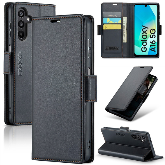 Чохол для Samsung Galaxy A16, ERBORD Glossy Litchi, гаманець з клапаном, чорний