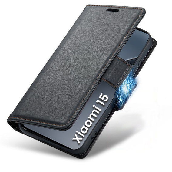 Чехол для Xiaomi 15, ERBORD Glossy Litchi, кошелек с клапаном, чёрный