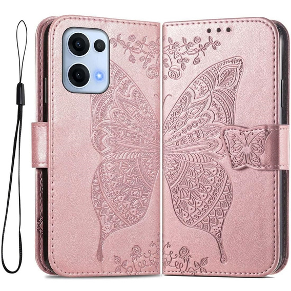 Откидной чехол для Oppo Reno 13, Butterfly, розовый rose gold