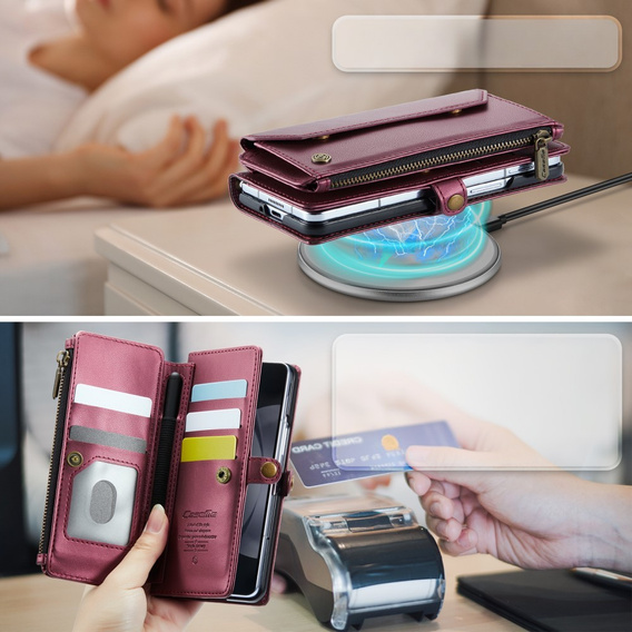 Чехол CASEME для Samsung Galaxy Z Fold6 5G, RFID Leather Wallet, с плечевым ремнем, красный