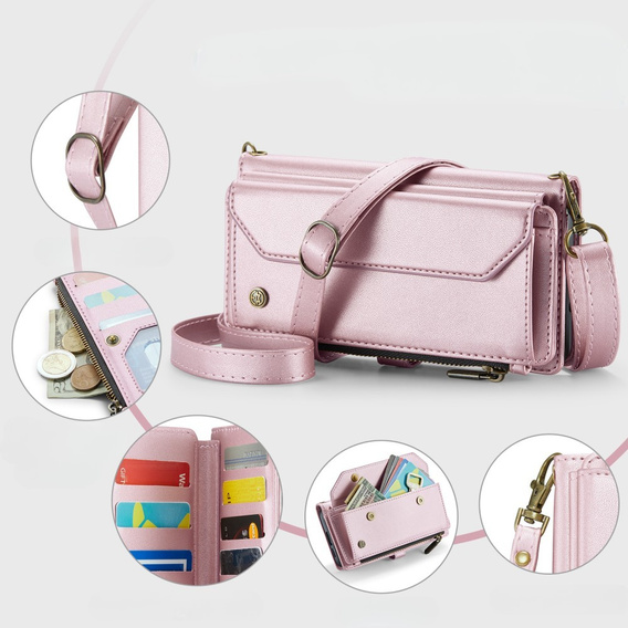 Чехол CASEME для Samsung Galaxy S24 FE, RFID Leather Wallet, с плечевым ремнем, розовый