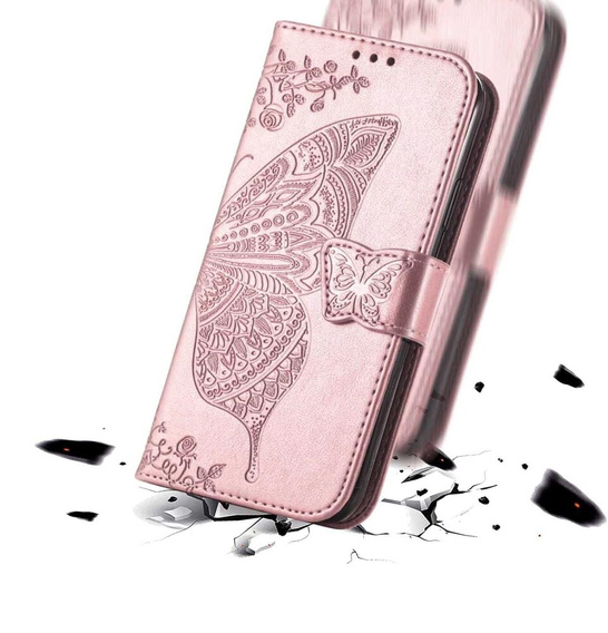 Откидной чехол для Motorola Edge 50 Pro, Butterfly, розовый rose gold