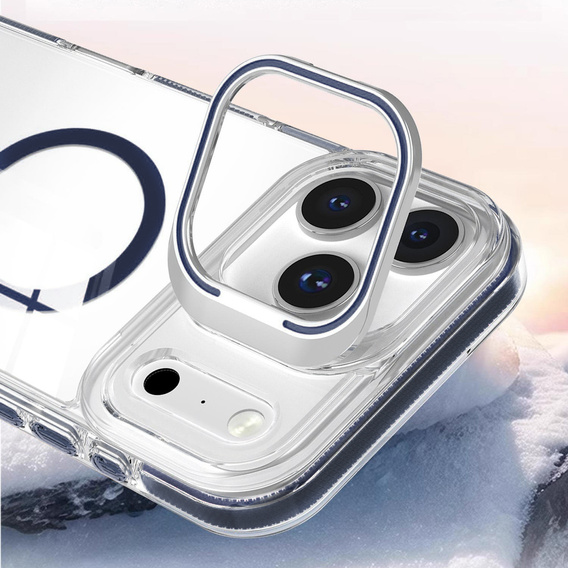 Чехол для iPhone 17 Pro, для MagSafe, с подставкой, прозрачный с темно-синими вставками
