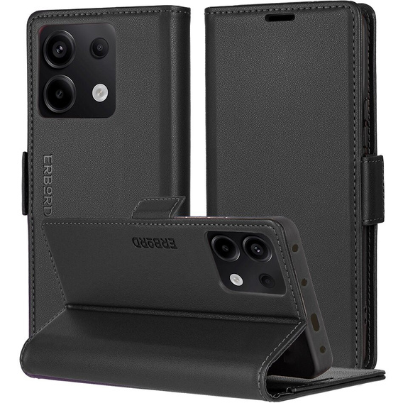 Чехол для Xiaomi Redmi Note 13 5G, ERBORD Glossy Litchi, кошелек с клапаном, чёрный