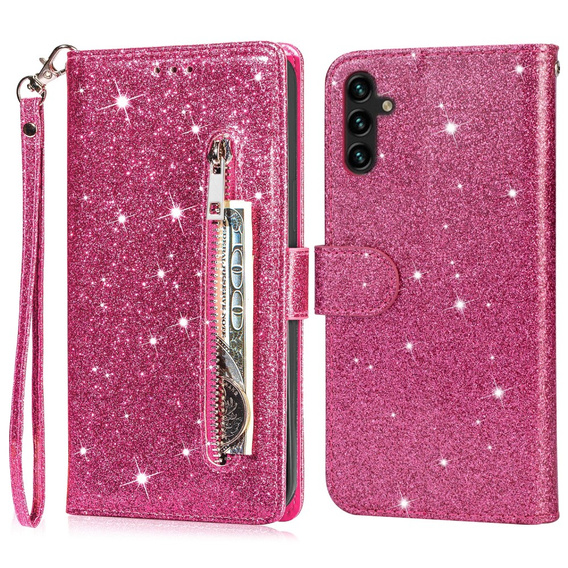 Откидной чехол для Samsung Galaxy A36 5G, Wallet Zipper Pocket Glittery, розовый